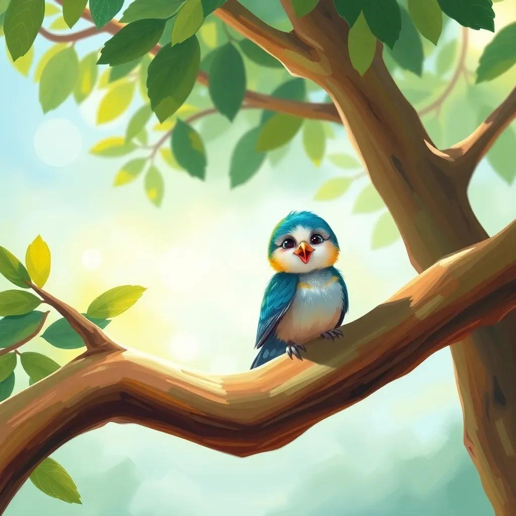 A small bird named Toto, sitting on a large green tree branch, looking happy and curious, vibrant colors, bright morning light, cheerful atmosphere, digital art