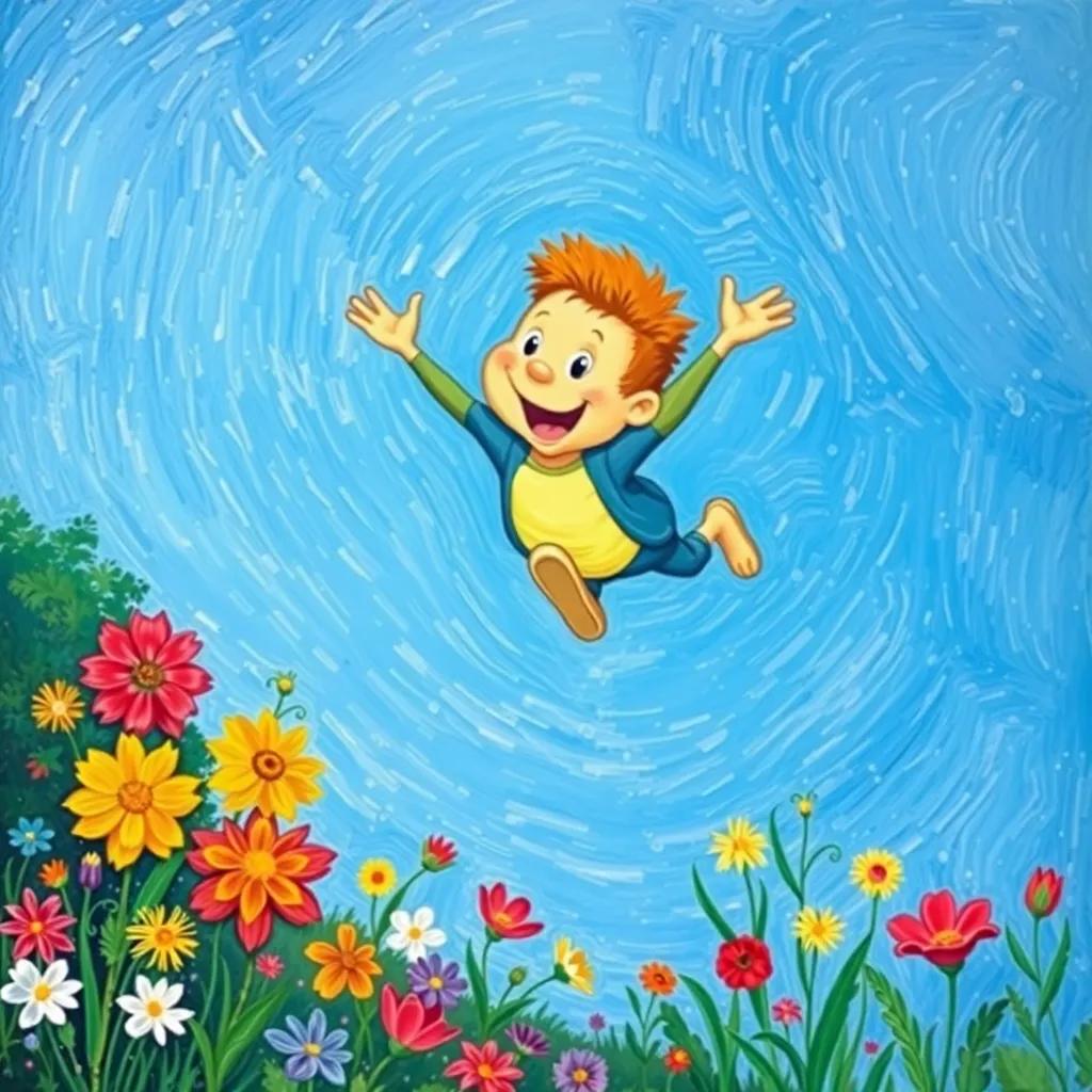 Toto flying in the sky with a blue background, exploring the world, colorful flowers and greenery below him, lively and engaging style, cheerful