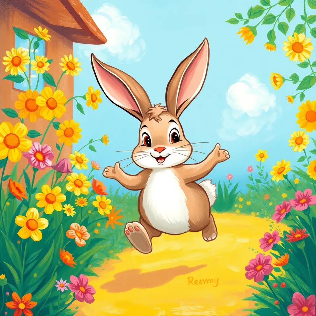 A playful rabbit named Remy with long ears, hopping in a sunny garden full of flowers, playful expression and vibrant surroundings, illustration style