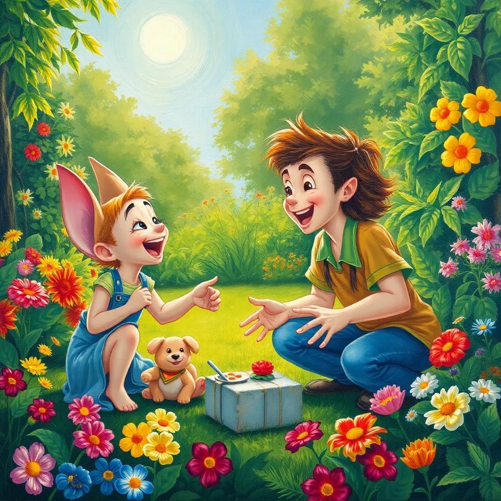 Toto and Remy playing games in a lush garden, laughter in the air, bright sun shining, with colorful flowers around them, cheerful scene