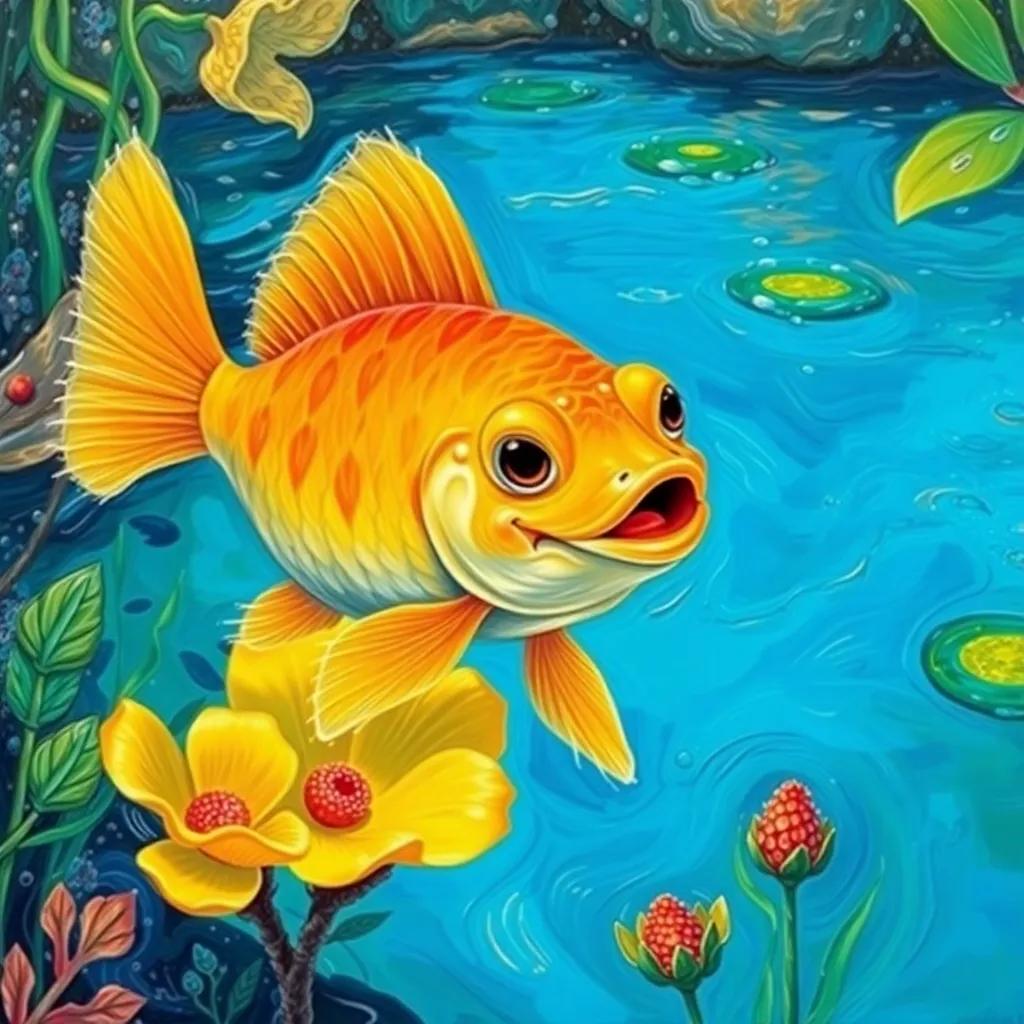A small fish named Soso swimming in the clear blue river, vibrant aquatic plants around, joyful expression, inviting and cheerful atmosphere