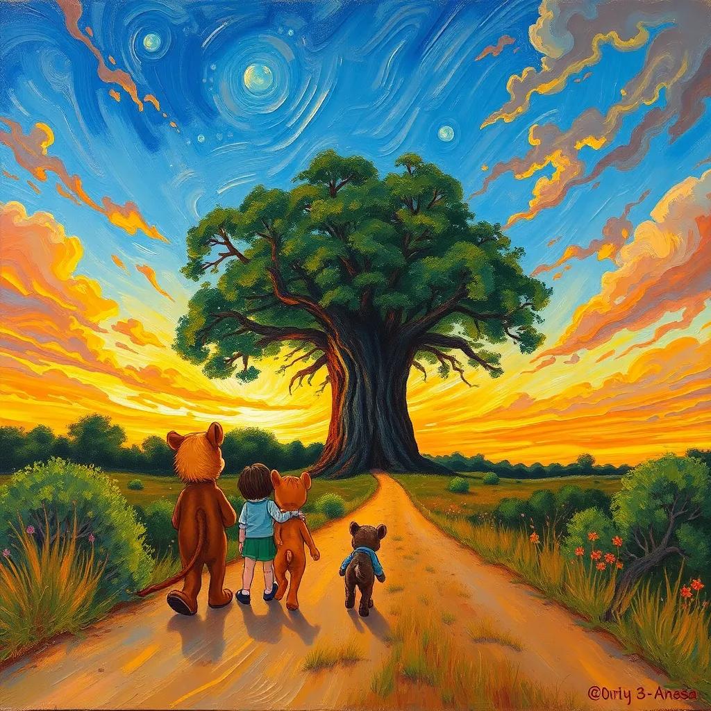 A sunset view with warm colors in the sky, Toto, Remy, and Soso starting to head back to the big tree, friendly atmosphere and sense of adventure