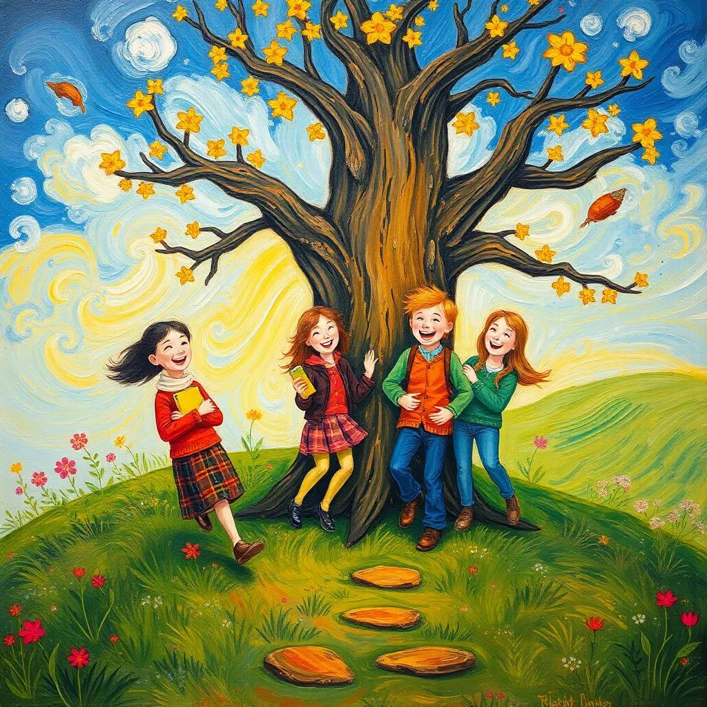 The friends arriving back at the tree, having fun together, feeling happy, warm colors, a sense of home and friendship, cheerful illustration
