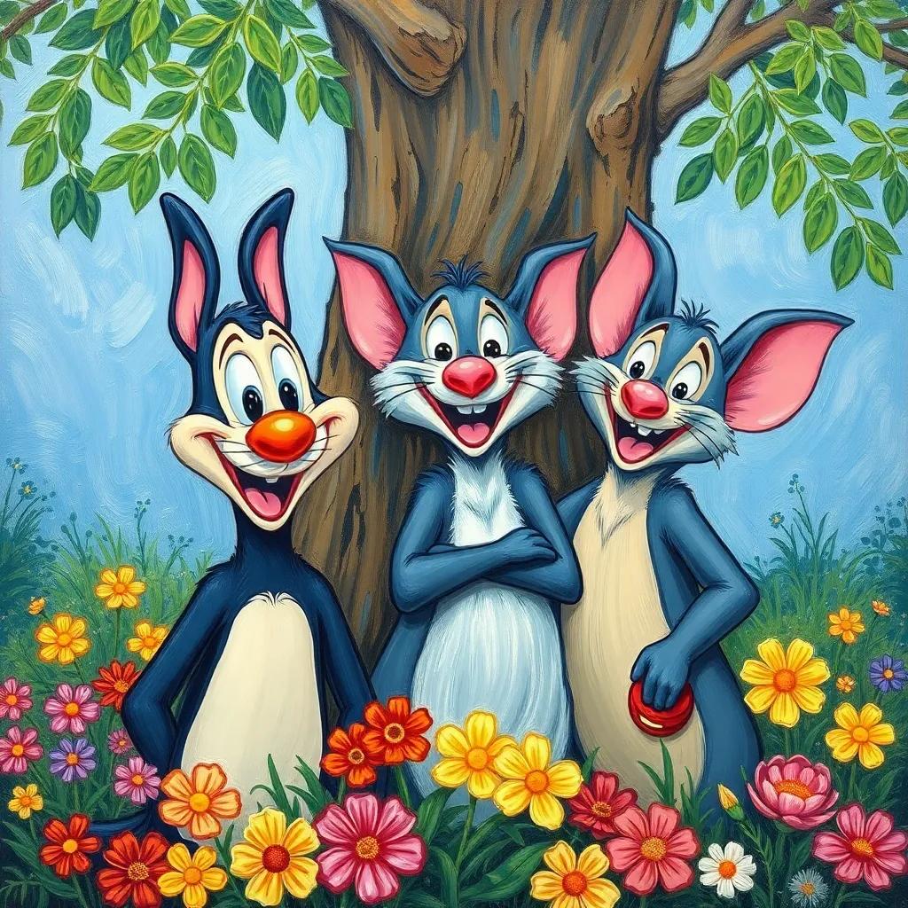 Toto, Remy, and Soso smiling together in front of the tree, surrounded by flowers, celebrating their friendship, colorful and joyful mood