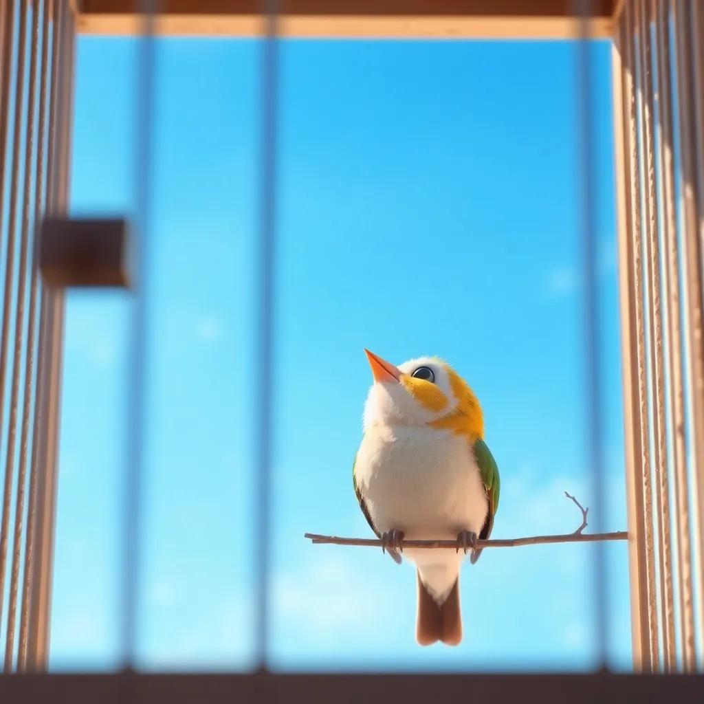 A small bird sitting in a cage, looking up at a bright blue sky, digital art, cheerful atmosphere, soft colors, high quality