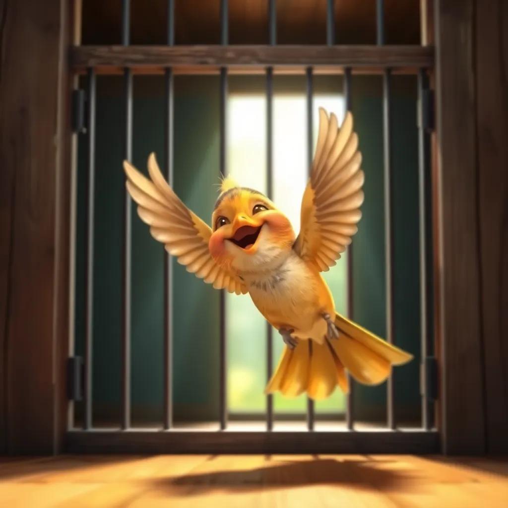 A small bird excitedly opening the cage door, flapping its wings with joy, sunlight shining through, vibrant colors, dynamic perspective, high quality