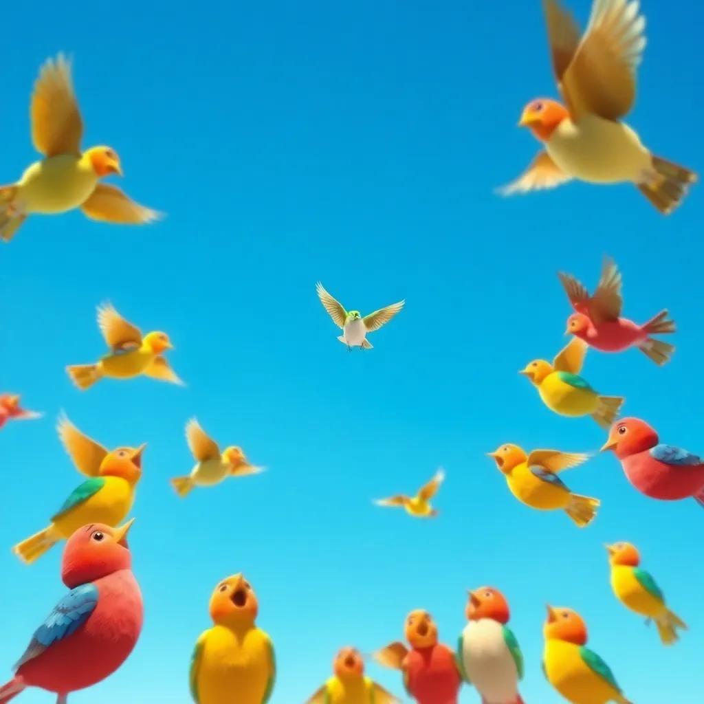 The small bird flying happily in a bright blue sky with colorful birds around it, singing together, joyful scene, digital painting, bright colors, engaging perspective, high quality