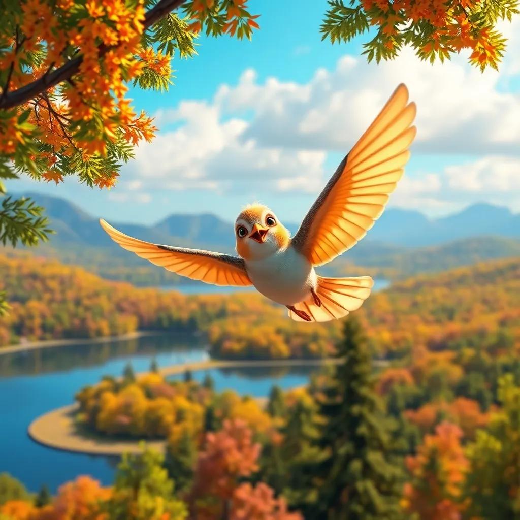 The small bird soaring above trees and lakes, experiencing the beauty of nature with a smile, colorful scenery, uplifting vibe, digital art, eye-catching, high quality