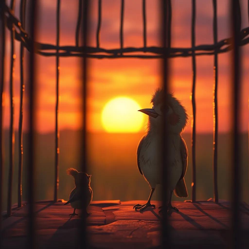 The small bird looking determinedly at the sunset, ready to return to the cage, but full of hope and courage, warm colors, emotional scene, digital painting, high quality