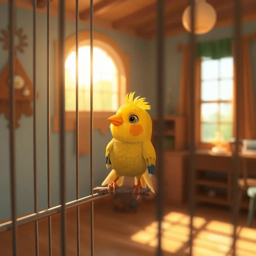 A small bird, Zizo, with bright feathers, looking out of a birdcage, longing for freedom, inside a cozy room with sunlight streaming in, digital art, cheerful, warm colors, inviting atmosphere, high quality