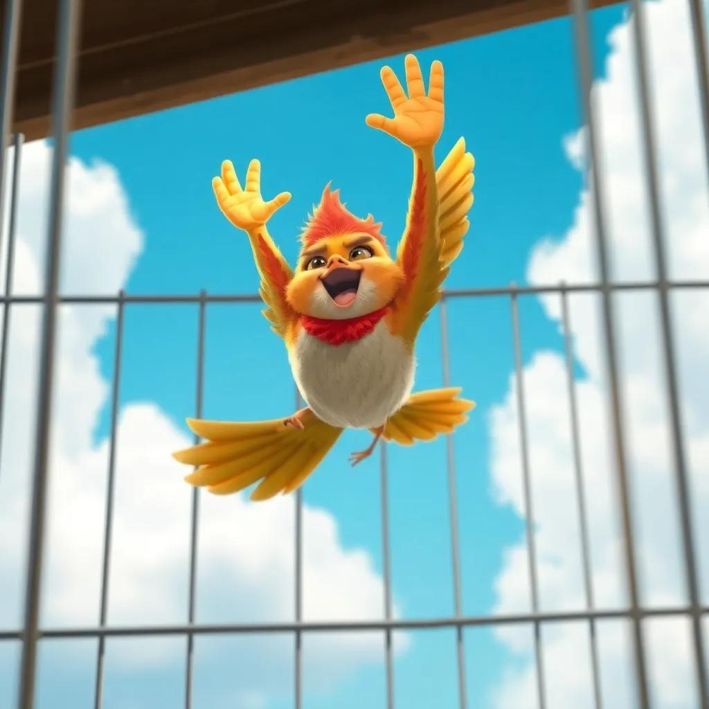 A small bird, Zizo, with bright feathers, celebrating joyfully outside of an open cage, flying towards a bright blue sky with fluffy clouds, vibrant colors, adventurous mood, high quality