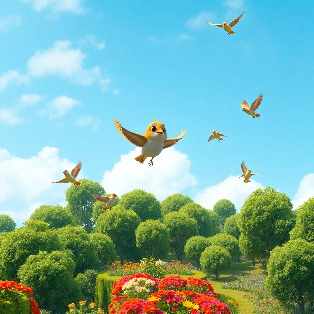 A small bird, Zizo, soaring through the sky over green trees and colorful gardens, with other birds joining him in play, whimsical, sunny day, high quality