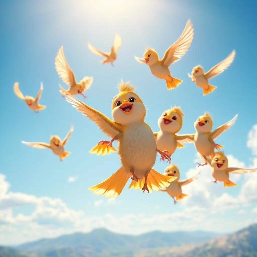 A group of small birds flying together, including Zizo, enjoying a playful dance in the sky, surrounded by sunlight and a beautiful landscape, lively, joyful atmosphere, high quality