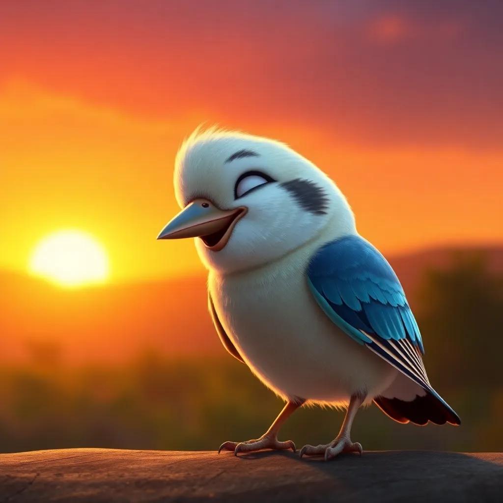 A small bird, Zizo, looking happy while thinking about returning to his cage, with a beautiful sunset in the background and a sense of adventure in the air, warm light, reflective moment, high quality