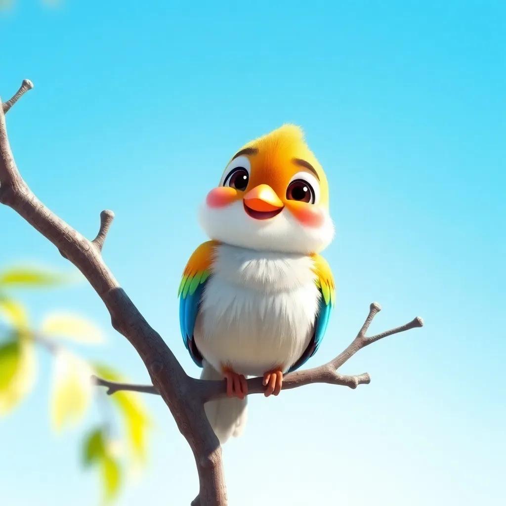 A small bird named Zaqzouq, sitting on a branch, looking happy and cheerful, colorful feathers, smiling face, bright blue sky, digital art, vibrant colors, sunny atmosphere