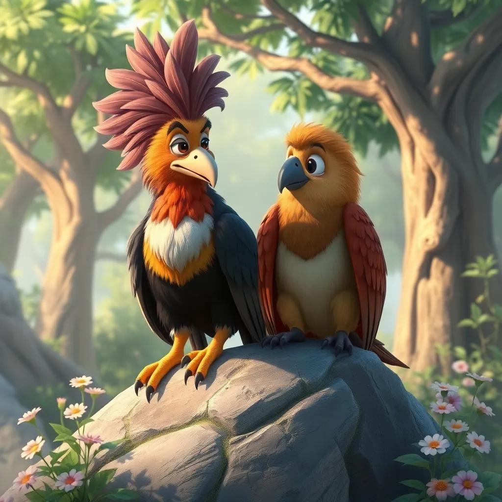 A wise bird named Samsam, with majestic feathers, sitting on a rock and listening attentively to Zaqzouq, surrounded by trees and flowers, detailed illustration, friendly expression, serene environment