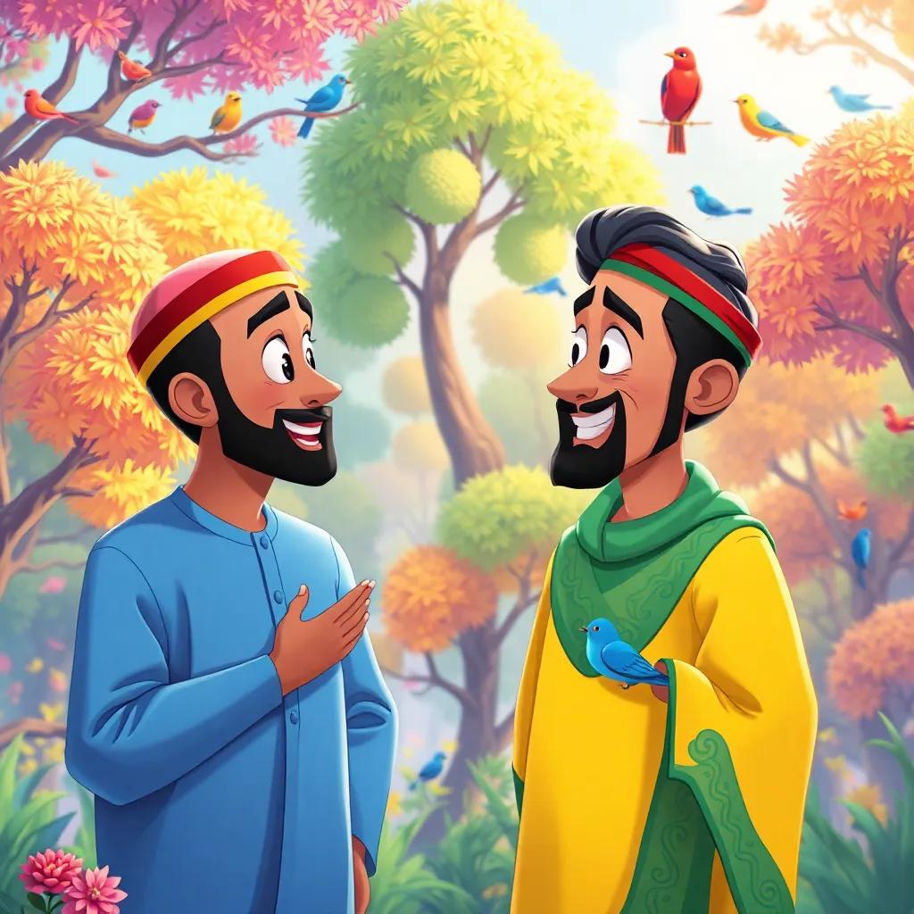 Zaqzouq speaking to his friend Samsam, expressing his feelings with bright emotions, colorful background full of trees and birds, digital painting, cheerful, high quality