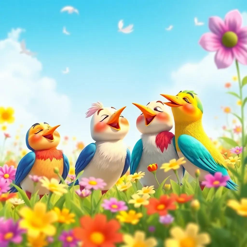 A gathering of birds, including Zaqzouq and Samsam, singing together with smiles and bright colors, in a field full of flowers, vibrant atmosphere, child-friendly illustration