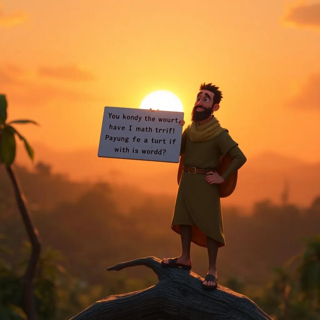 Zaqzouq standing confidently on a branch, sharing his message about the power of words, the sun setting in the background, warm light, inspiring scene, high quality
