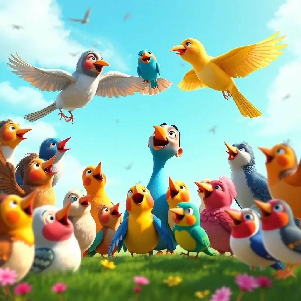 Zaqzouq surrounded by various birds happily singing together, illustrating the joy of sharing feelings, bright blue sky, colorful landscape, fun and cheerful