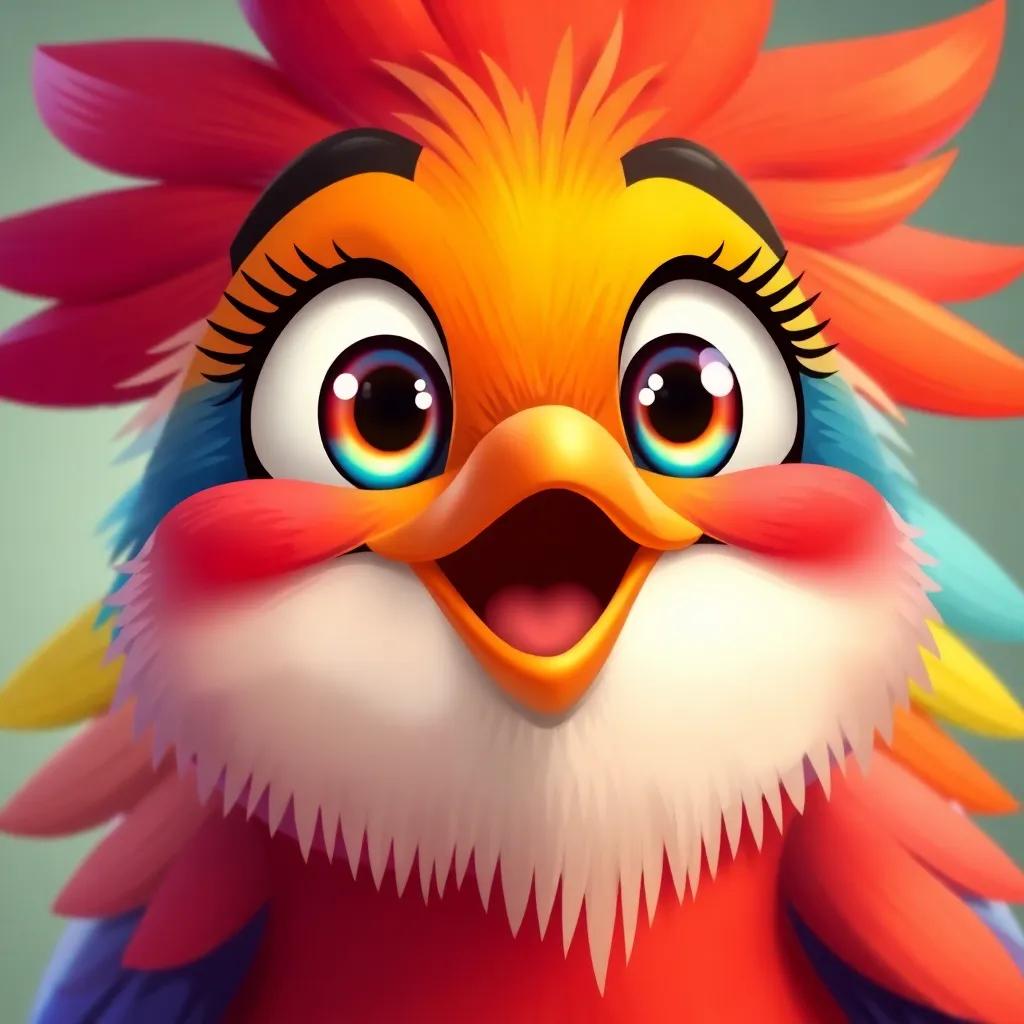 A close-up of Zaqzouq, a happy little bird with a big smile, full of colors, eyes sparkling with excitement, pixel art style, detailed, child-friendly