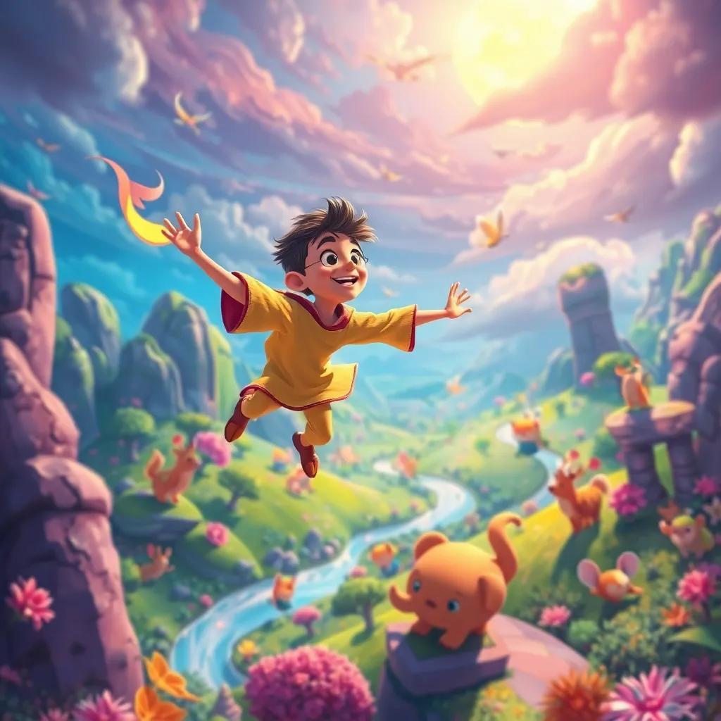 Zaqzouq flying through a magical landscape, full of vivid colors and friendly animals, his voice carrying through the air, imaginative theme, vibrant and appealing, digital art, high resolution