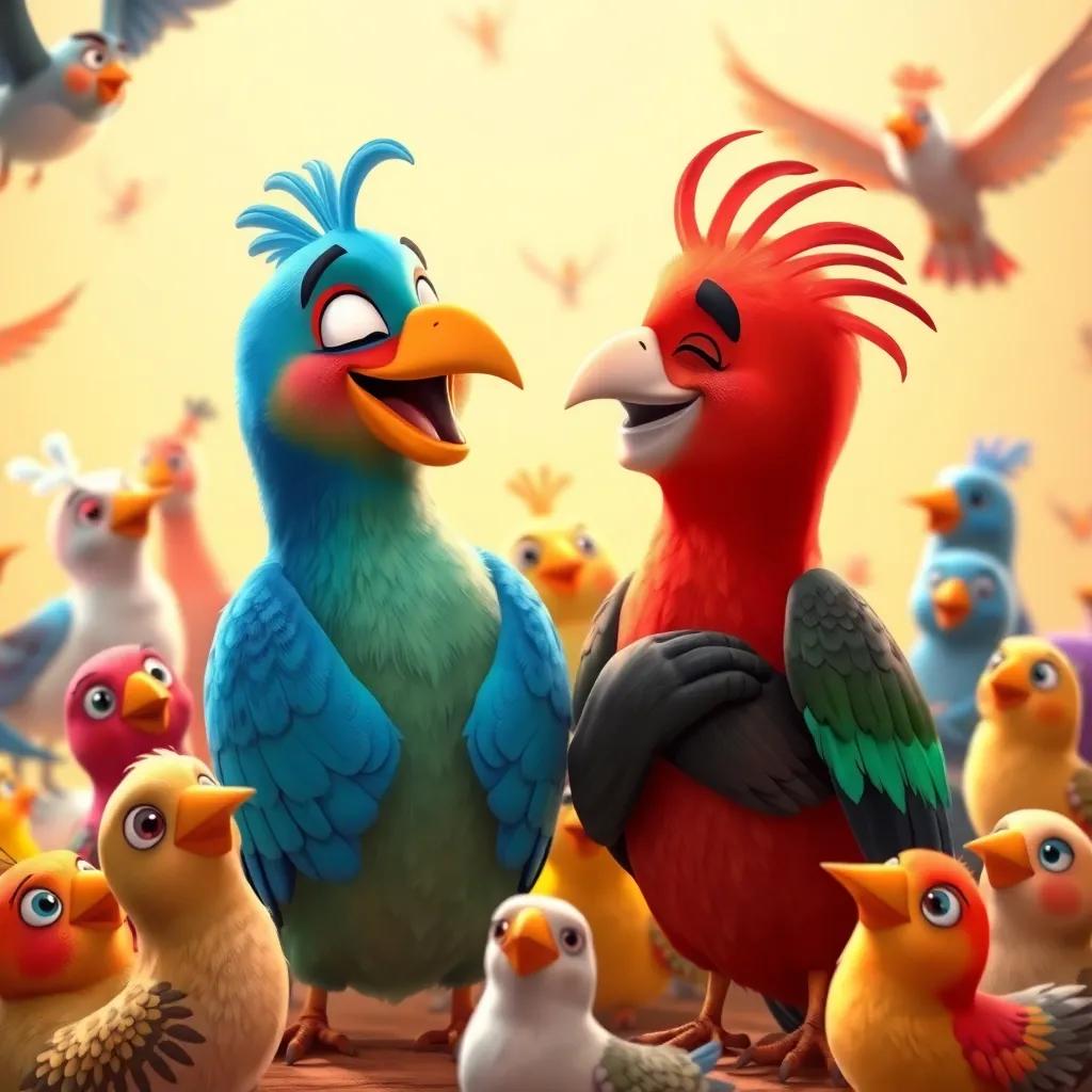 Zaqzouq and Samsam looking at each other with joy, surrounded by other birds celebrating their friendship and self-expression, warm colors, positive energy, heartwarming scene, beautiful design