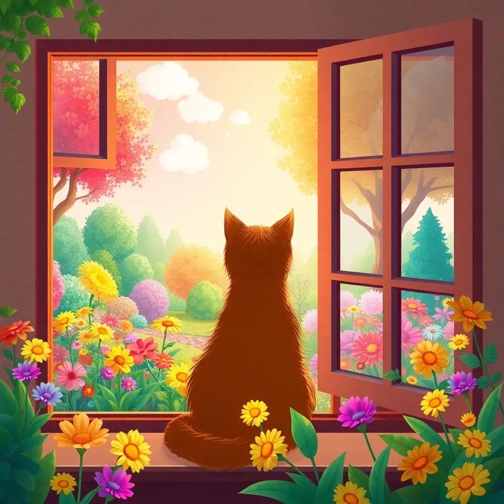 A brown cat sitting by a window overlooking a colorful garden filled with trees and flowers, warm sunlight streaming in, digital art, cheerful and inviting atmosphere, high quality