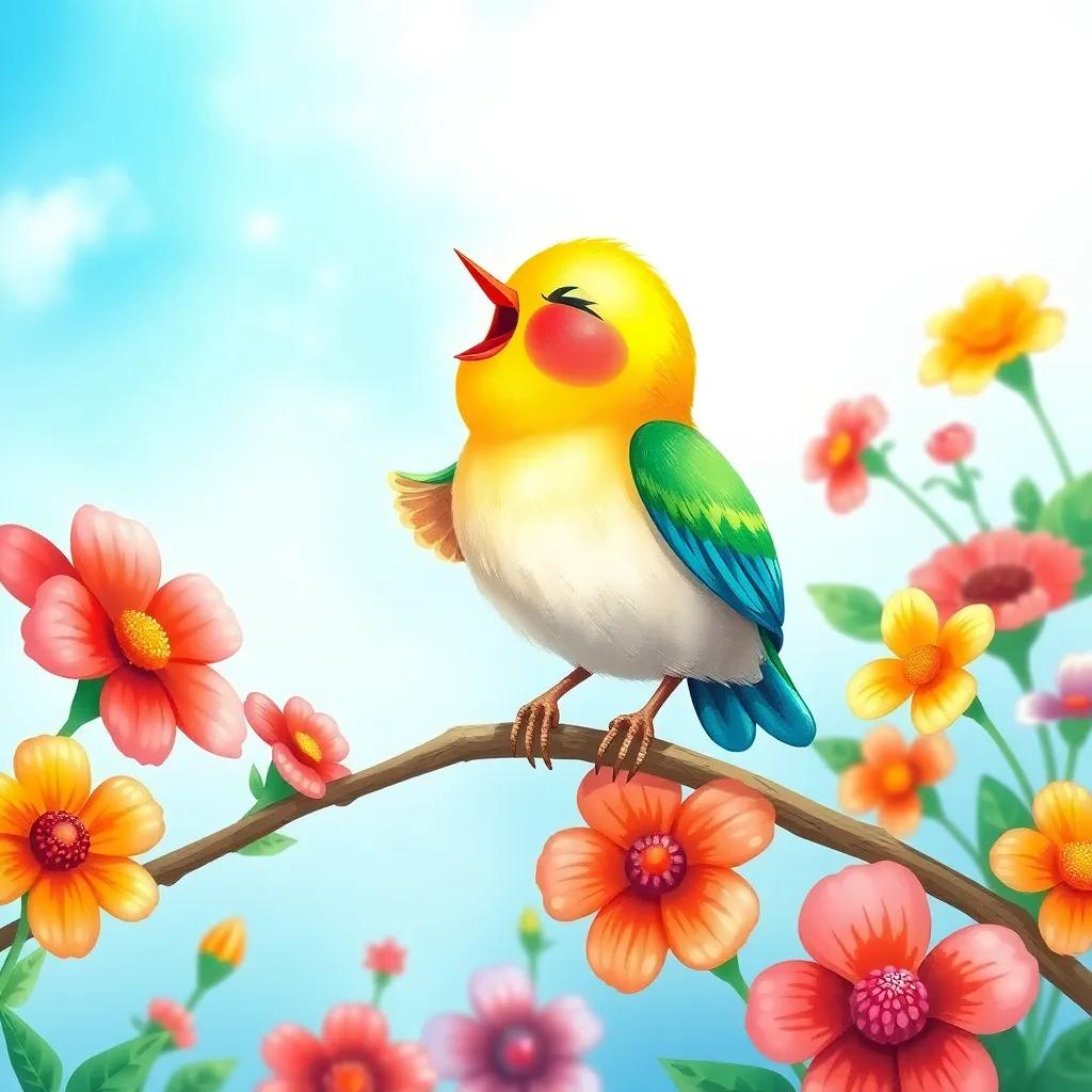 A small, colorful bird singing on a branch, with vibrant flowers surrounding it and a blue sky above, illustration, detailed and whimsical, joyful scene, high quality