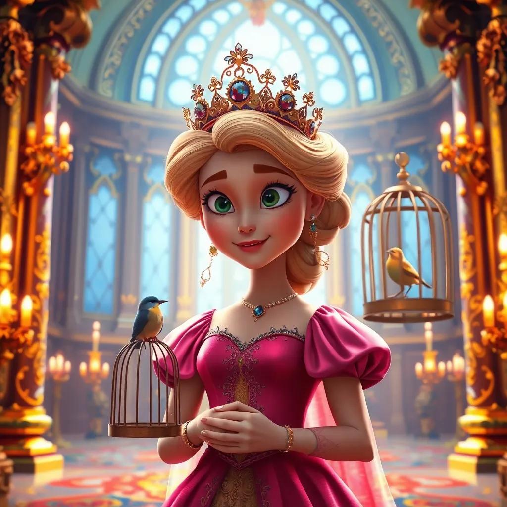 A beautiful queen with a kind face and elegant dress, standing in a grand palace surrounded by gold and jewels, looking curiously at a small bird in a cage, digital art, vibrant colors, warm light, majestic atmosphere, high quality