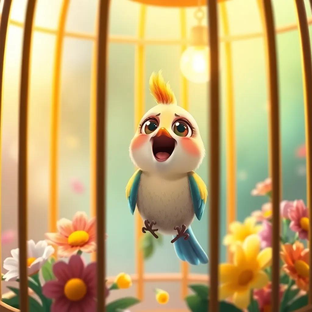A small bird singing cheerfully in a cage, with bright feathers and big eyes, a warm glow from the palace light, colorful flowers around the cage, illustration, bright and cheerful, uplifting energy, high quality