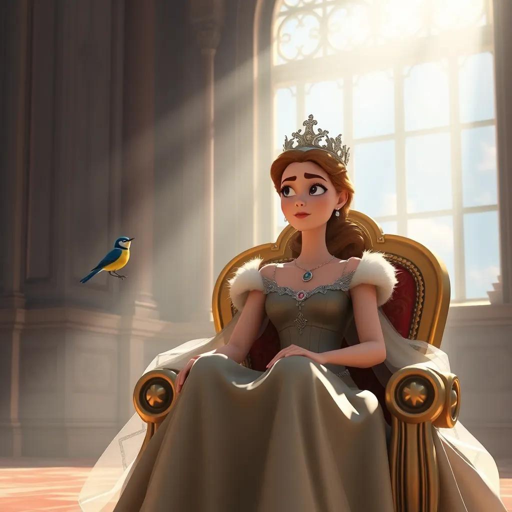 The queen sitting on her throne, looking thoughtful, as the little bird sings nearby, sunlight streaming through the window illuminating her face, beautiful palace background, digital art, serene atmosphere, high quality