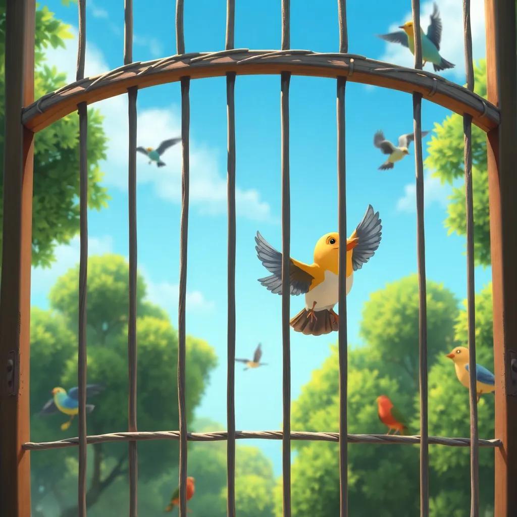 The little bird flying freely outside the cage, surrounded by green trees and other birds, a clear blue sky above, representing freedom and joy, digital painting, bright colors, inspiring scene, high quality