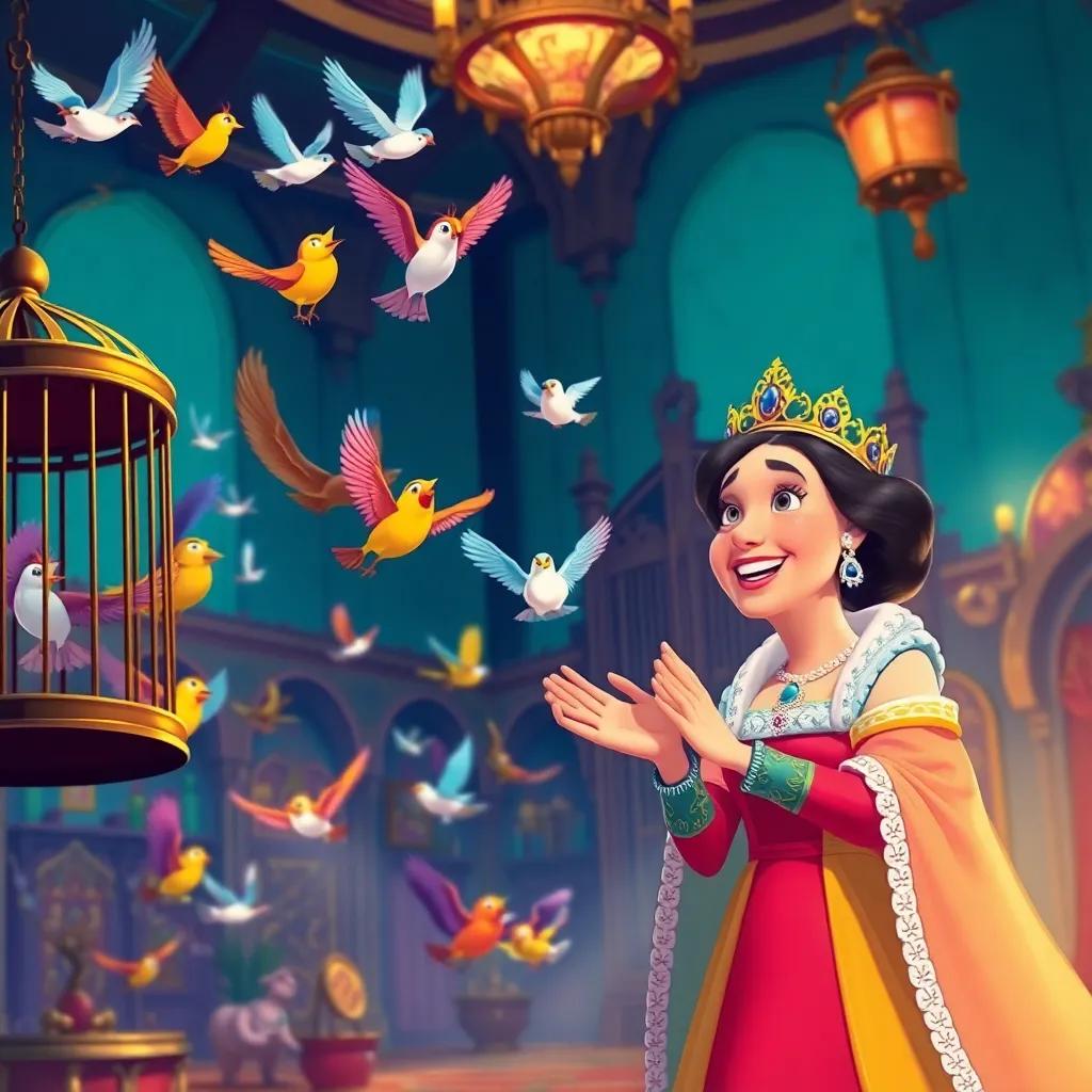 A joyful scene of birds flying from their cages, the queen smiling and clapping, the palace filled with vibrant colors and music, representing change and kindness, illustration, festive atmosphere, high quality