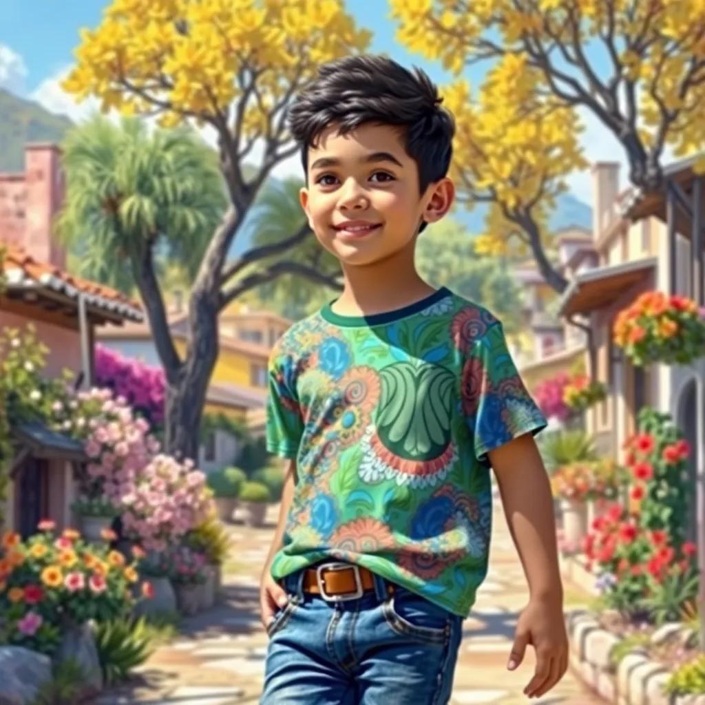 A young Arab boy, Hassan, with short black hair wearing a colorful shirt and jeans, exploring a beautiful village with trees and flowers, bright and sunny, cheerful atmosphere, detailed digital art, high quality