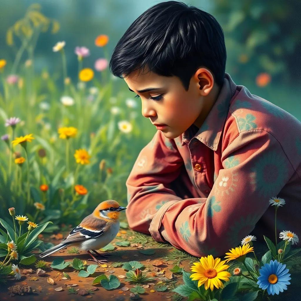 Hassan, a young Arab boy, with short black hair in a colorful shirt, kneeling beside a small sad bird on the ground, showing concern, surrounded by greenery and flowers, heartwarming, caring atmosphere, hyper-realistic