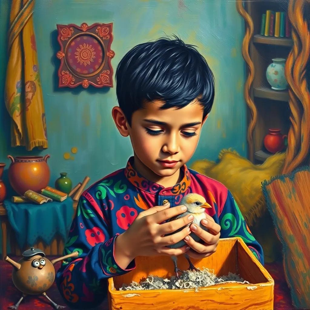 Hassan, a young Arab boy with short black hair in a colorful shirt, gently holding a small bird in a cozy box, with a backdrop of his warm and inviting home, nurturing scene, vibrant colors, textured detail