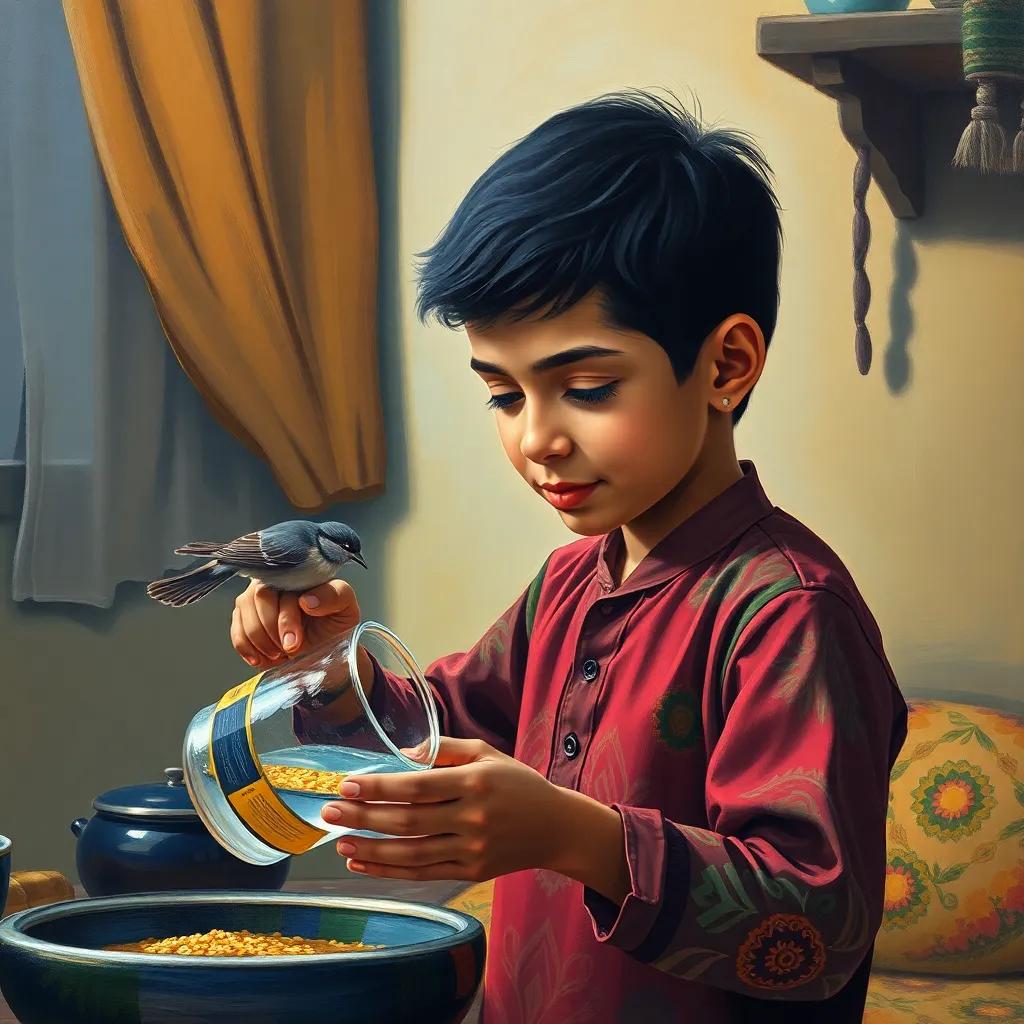Hassan, a young Arab boy with short black hair in a colorful shirt, pouring water and breadcrumbs for the small bird in a cozy room, soft lighting, heartwarming, tender mood, realistic shadows