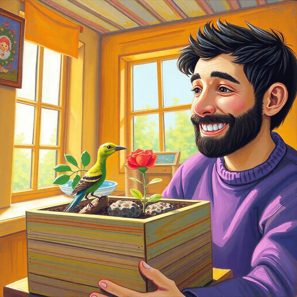 The small bird growing strong in the box, with Hassan watching it with a smile, sunny room filled with light, bright colors, joyful and hopeful atmosphere, child-friendly art