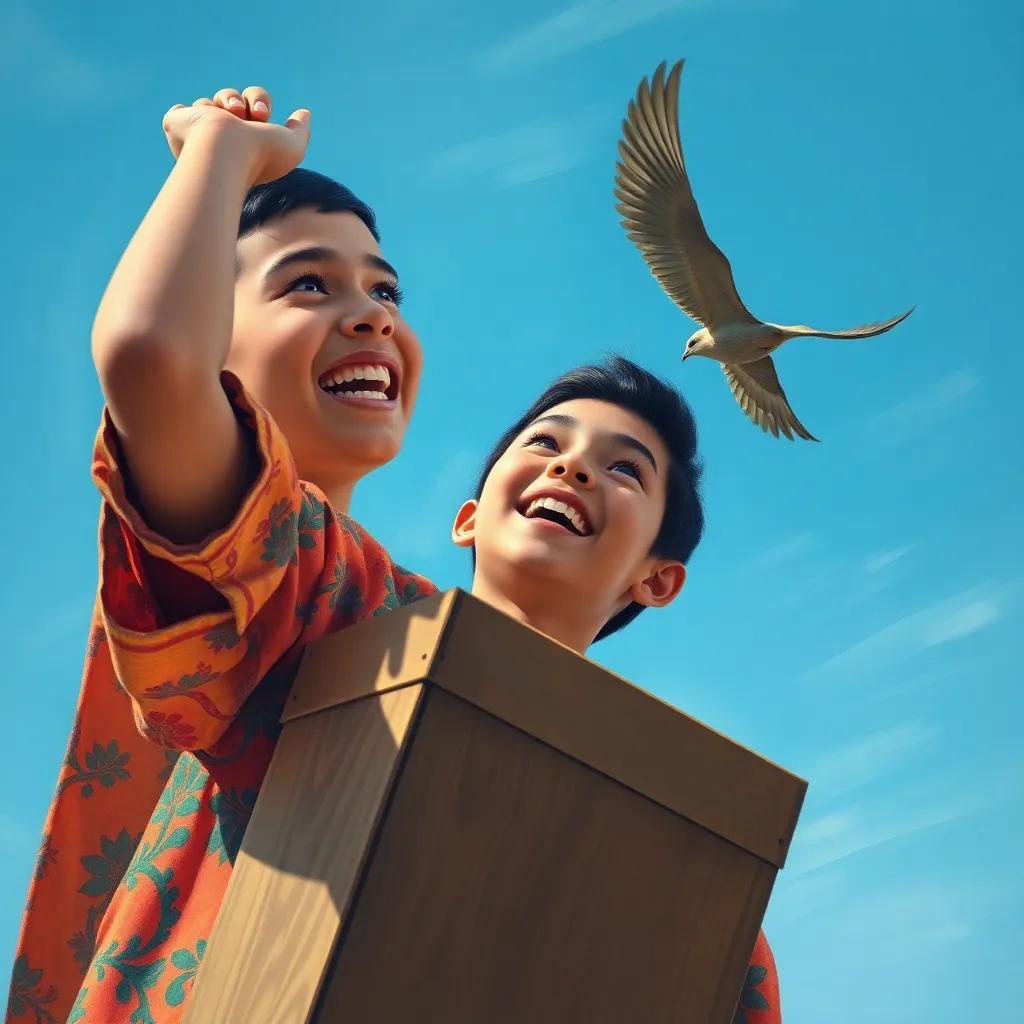 Hassan, a young Arab boy with short black hair in a colorful shirt, joyfully opening the box and releasing the bird into a clear blue sky, feeling of freedom, celebratory and vibrant, rich context, high resolution