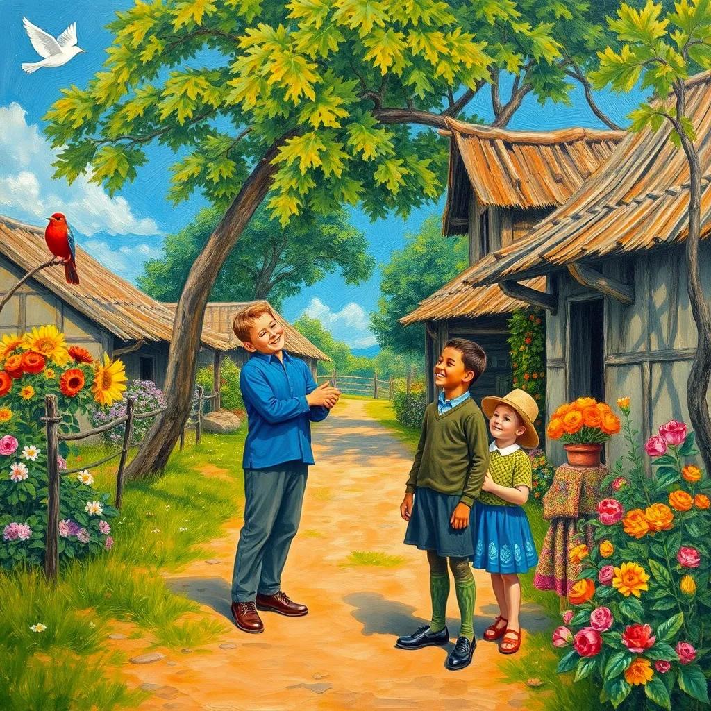 A picturesque scene of Hassan standing in the village with other children, all smiling and watching the bird, trees and flowers around, joyful, colorful and lively atmosphere, heartwarming details