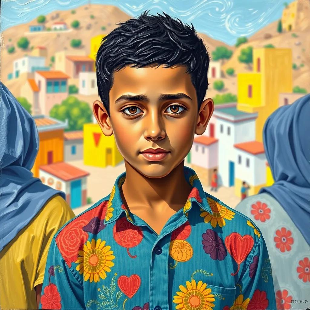 Hassan, a young Arab boy with short black hair in a colorful shirt, standing with friends, sharing stories about kindness and compassion, bright village, inviting landscape, engaging design