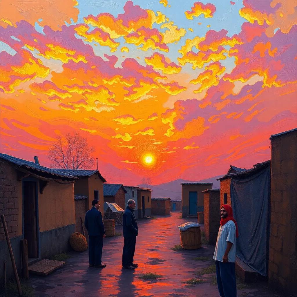 A beautiful sunset in the village with Hassan and his friends, reflecting on the lessons of kindness, deep oranges and pinks in the sky, serene and reflective, artistic and emotional