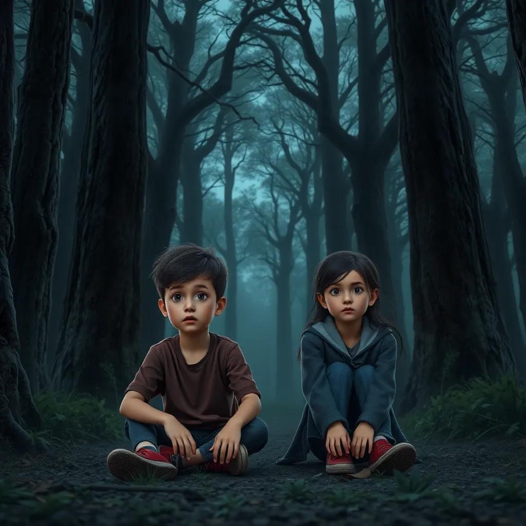 A boys, Sami and Lina, sitting at the entrance of a scary forest with large dark trees, a hint of fear on their faces, anxious expressions, digital art, spooky atmosphere, twilight, high quality