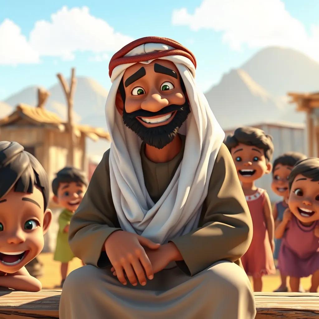 A kind man, Sami, with a big smile, wearing a traditional thobe, sitting on a wooden bench in a small village, surrounded by laughing children, sunny day, cheerful atmosphere, digital art, vibrant colors, warm light, high quality