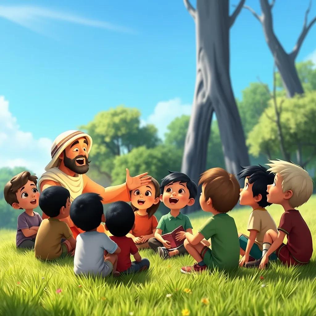 Sami telling a strange story to a group of curious children, all sitting on the grass, trees in the background, bright blue sky, excited expressions, illustration, captivating, colorful