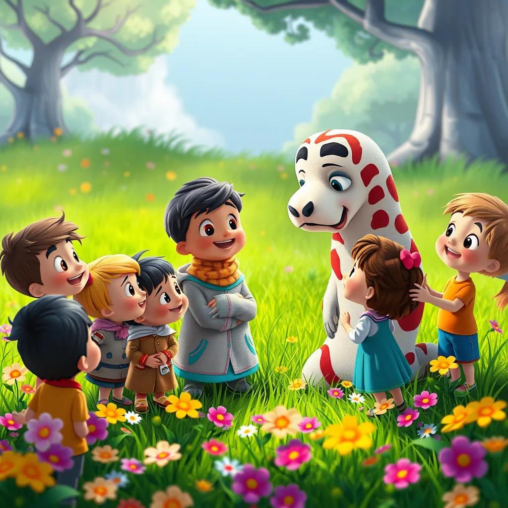 Children asking Sami many questions with bright eyes, some holding hands, grassy area filled with flowers, vibrant colors, happy atmosphere, cartoon style, uplifting scene