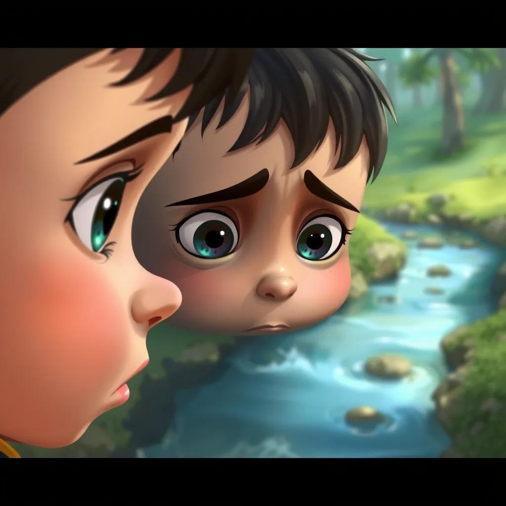 A child's worried face, looking at Sami with big eyes, a small river in the background, hints of trees and nature around them, illustration, emotional, detailed