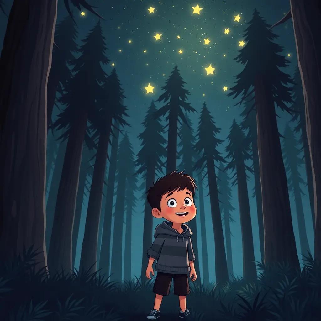 A dark forest filled with tall, shadowy trees, a night sky with glowing stars, two young boys, Ali and Sami, looking scared but excited, illustration, child-friendly, magical atmosphere, high quality