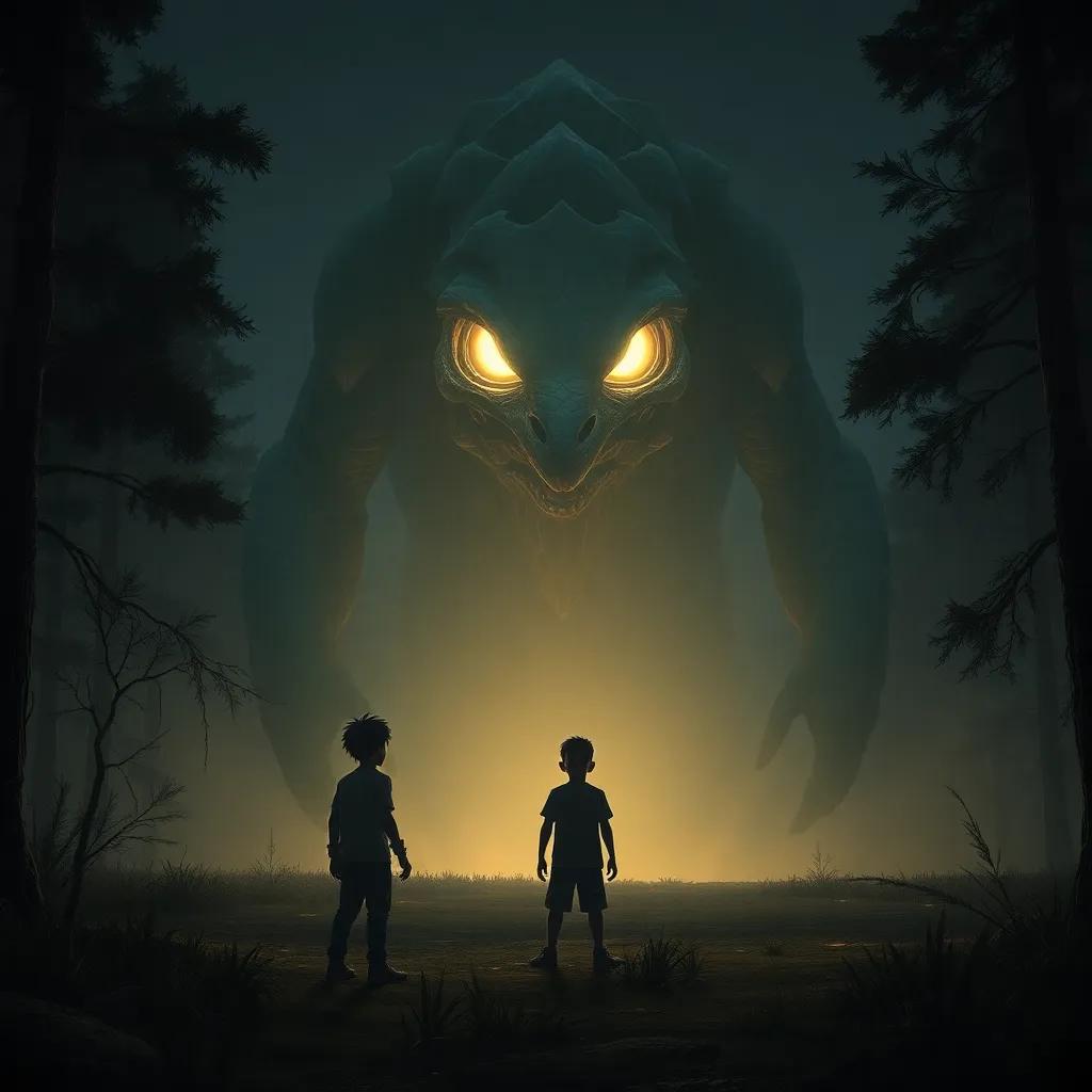 A gigantic creature with glowing eyes standing in a clearing, two young boys, Ali and Sami, looking terrified, surrounded by dark trees, detailed digital art, enchanting yet scary vibe, high quality